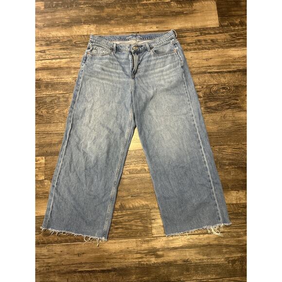 Old Navy Baggy Wide Leg Jeans Womens Sz 14 Blue Denim Raw Hem Stretch Mid Rise - Picture 1 of 3